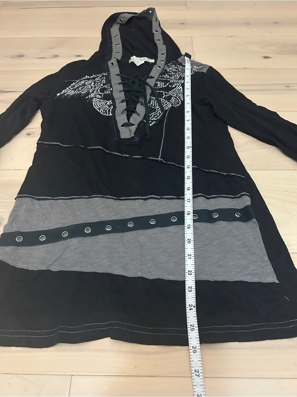 Y2K Mürmür Rhinestone Grommet Color Block Lace Up Hooded Top Grunge Goth S - Picture 6 of 14